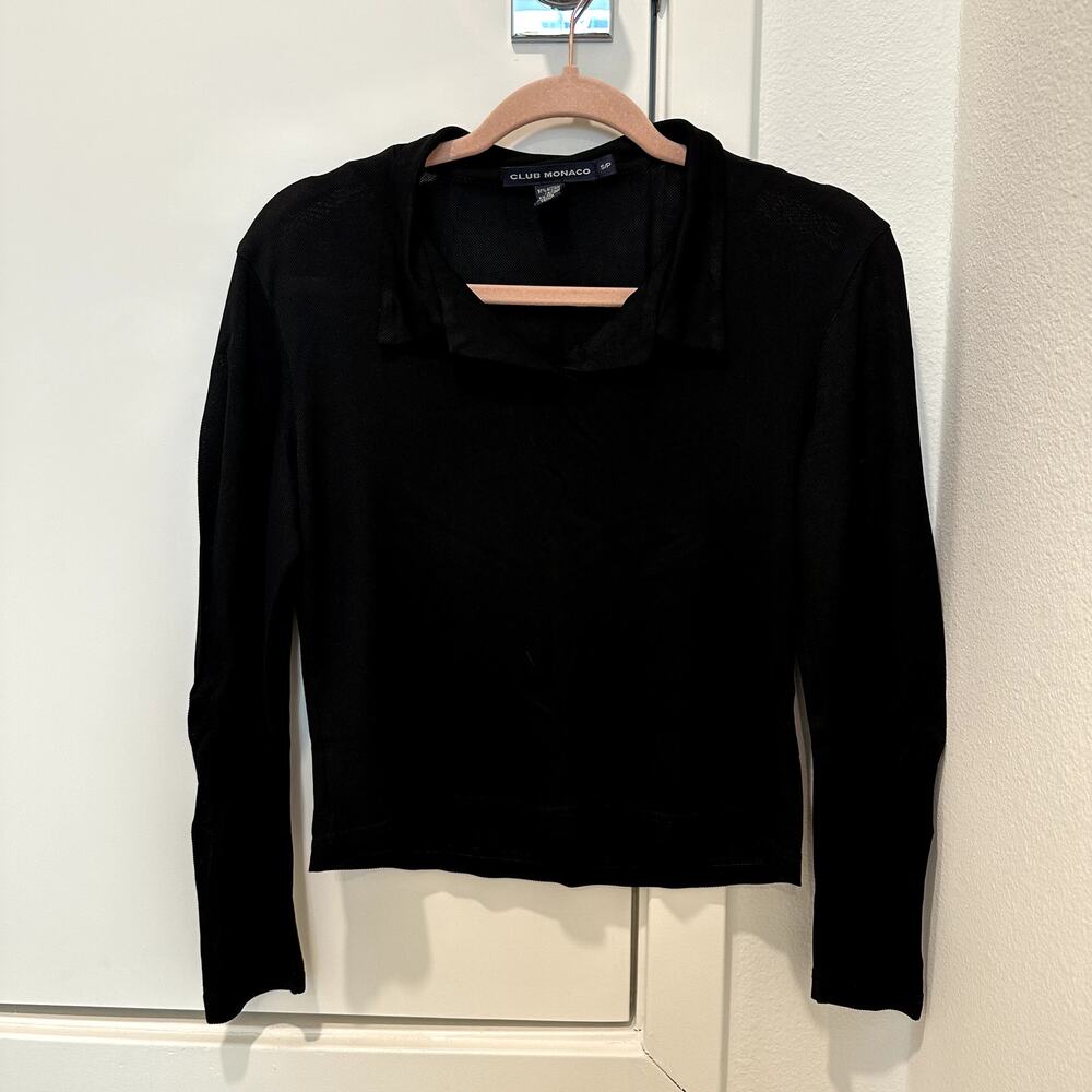 Vintage Club Monaco black mesh collared long sleeve blouse small